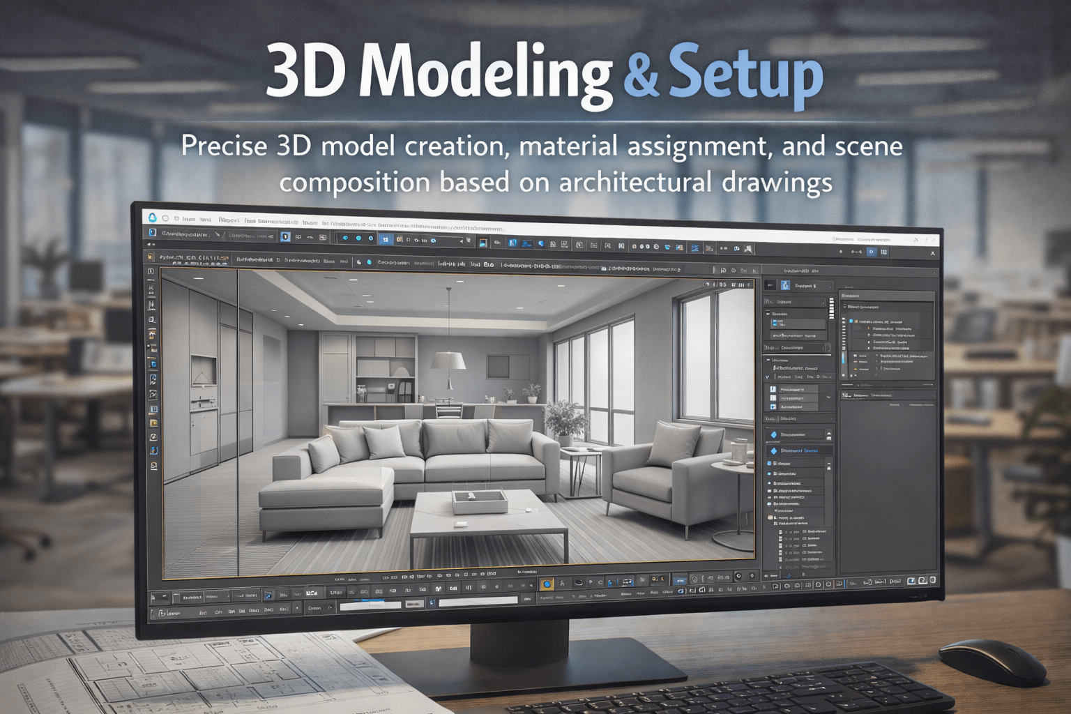 3D modeling software interface showing detailed architectural wireframe and material assignments