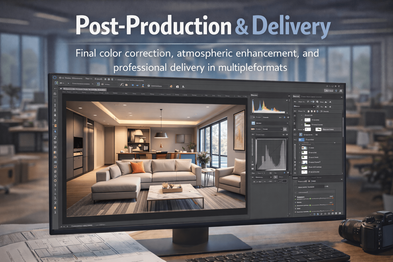 Final architectural visualization showing completed luxury residential building with professional post-production effects