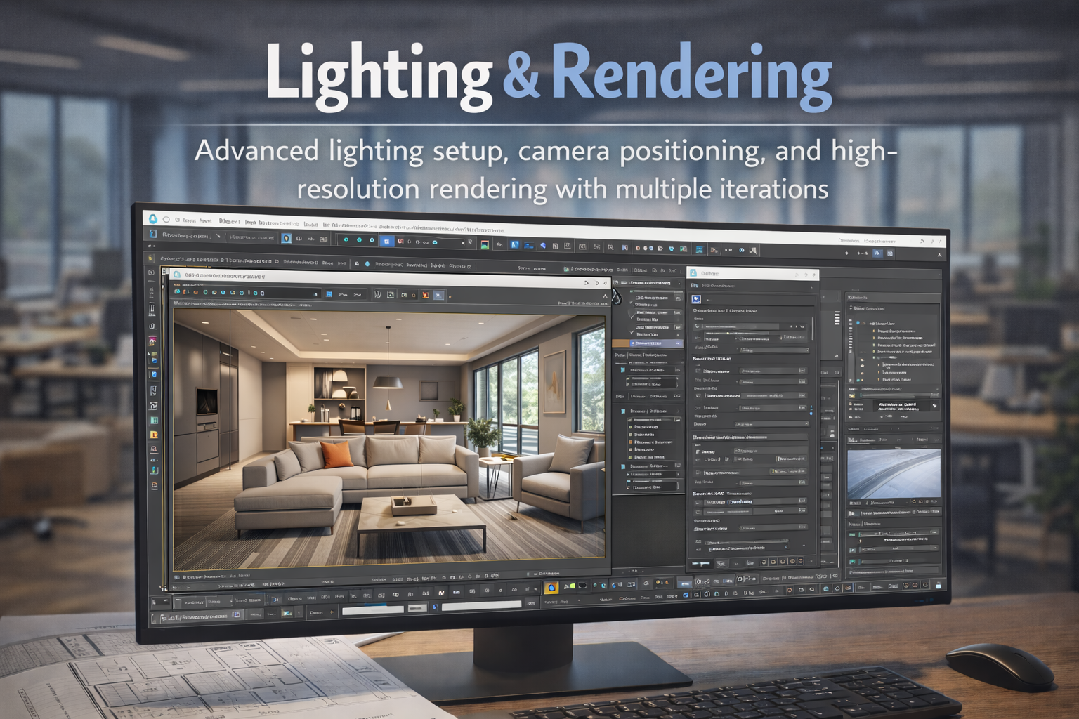 Professional rendering setup with multiple monitors displaying photorealistic architectural visualizations