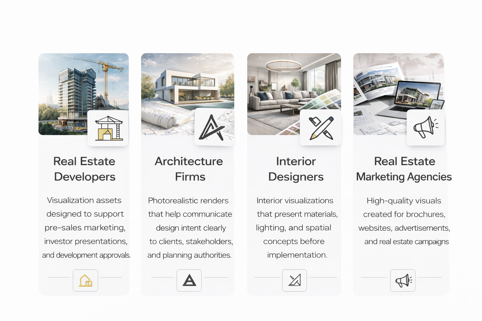 Professional 3D architectural rendering workspace showing multiple monitors with photorealistic building visualizations